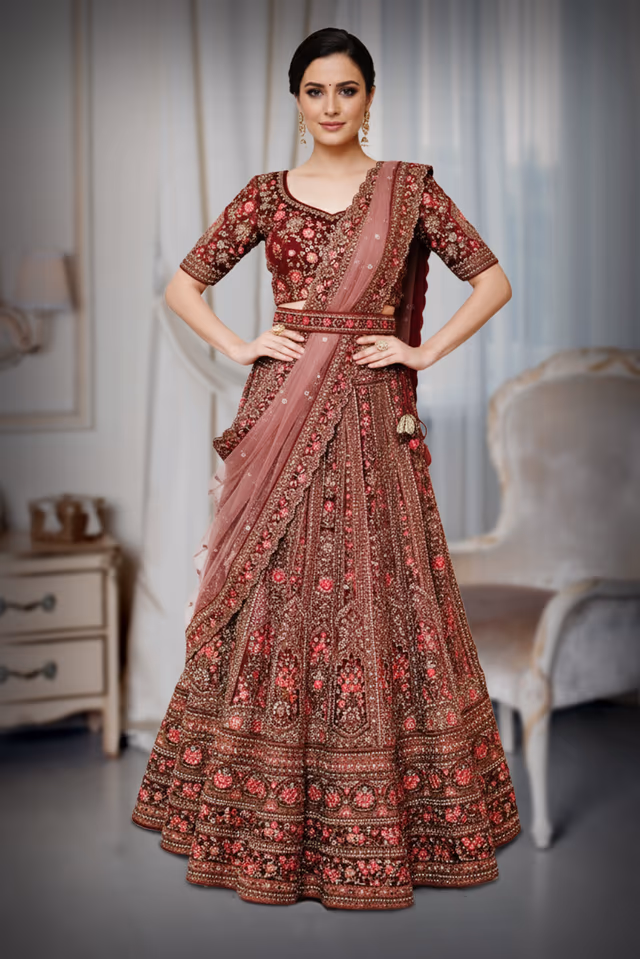 Royal Maroon Velvet Zardozi Bridal Lehenga — back view, rent in Coimbatore