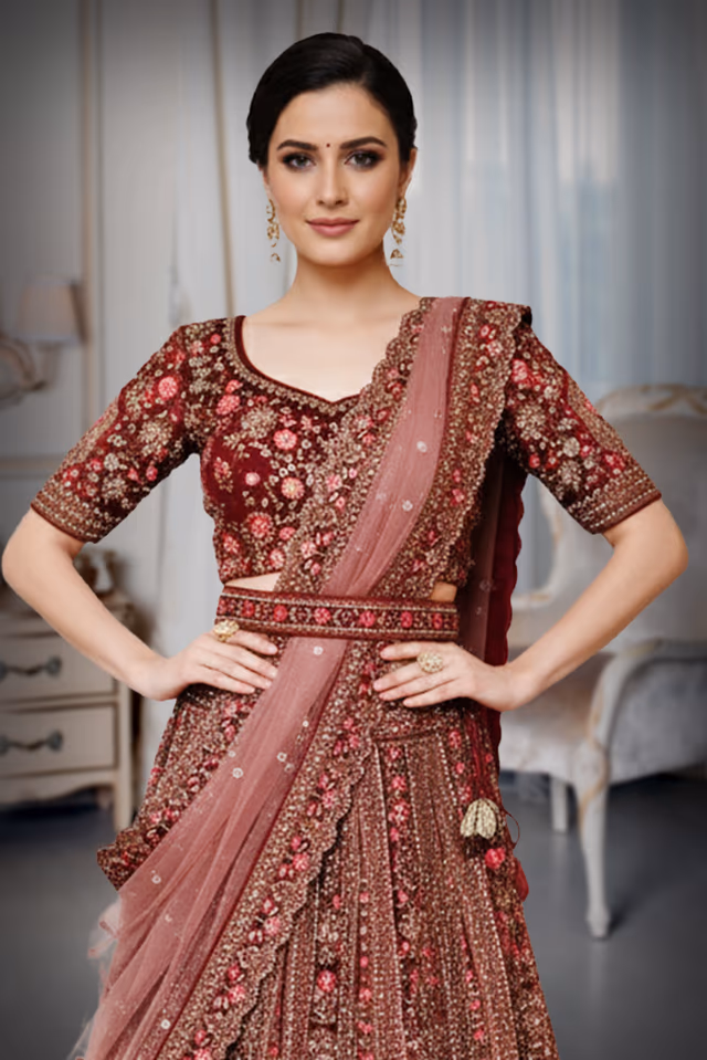 Royal Maroon Velvet Zardozi Bridal Lehenga — rent in Coimbatore