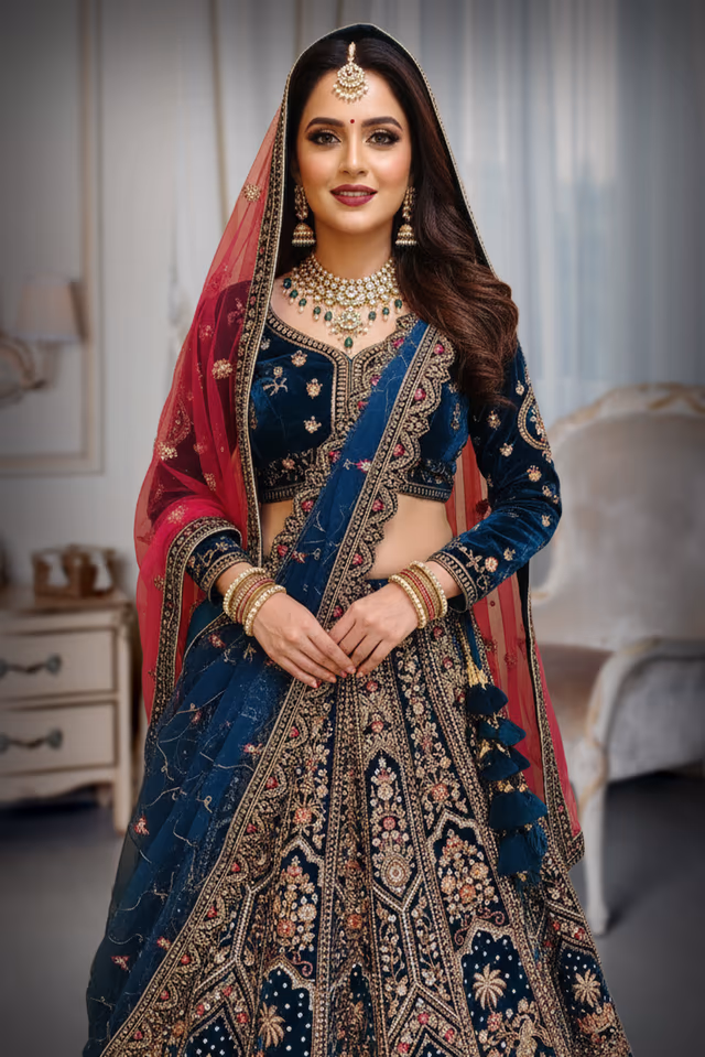 Royal Prussian Blue Lehenga Featuring Intricate Heavy Peacock Embroidery and Ornate Detailing — rent in Bangalore