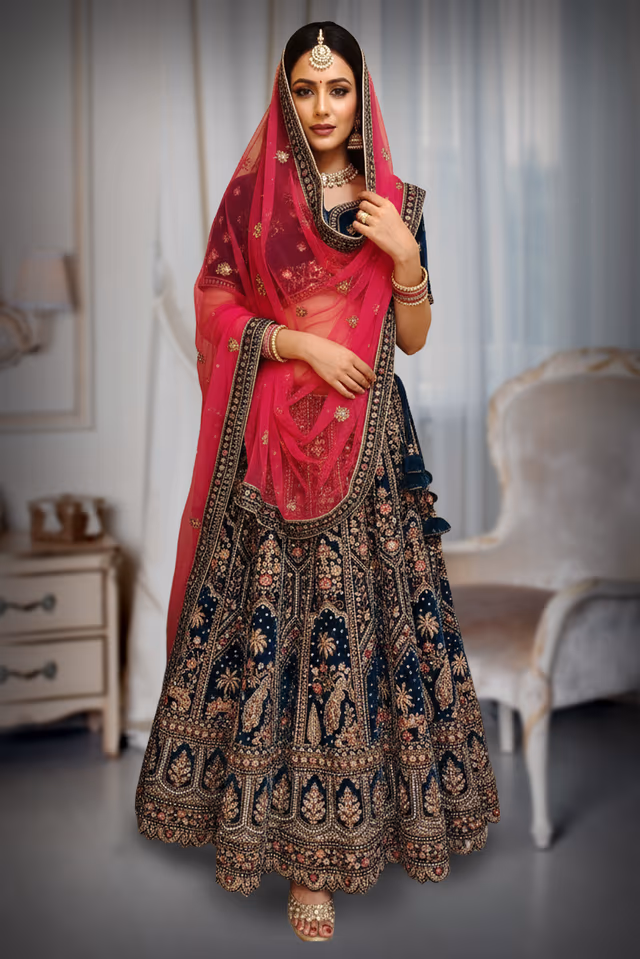 Royal Prussian Blue Lehenga Featuring Intricate Heavy Peacock Embroidery and Ornate Detailing — back view, rent in Bangalore