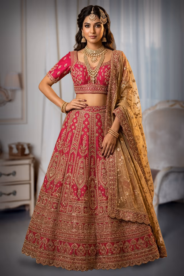 Royal Red Bridal Lehenga with Intricate Golden Embroidery and Netted Dupatta — back view, rent in Bangalore