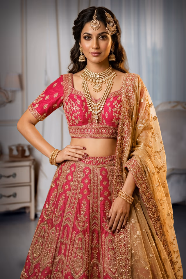 Royal Red Bridal Lehenga with Intricate Golden Embroidery and Netted Dupatta — rent in Bangalore