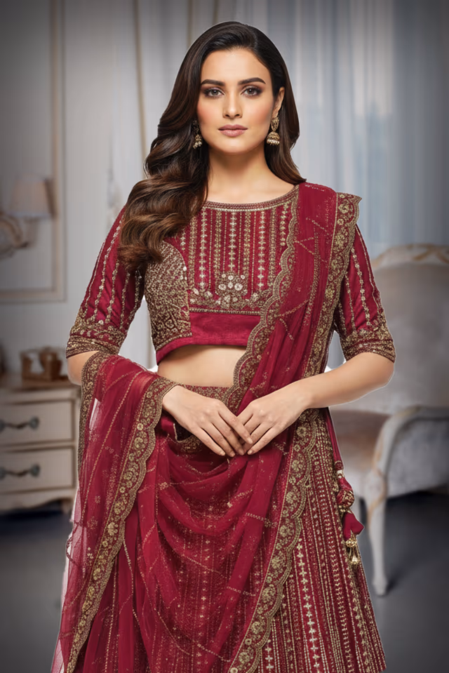 This Shimmering Rani Pink Lehenga Set Showcases Heavy Geometric Sequin Work Throughout The Skirt Paired… — rent in Calicut