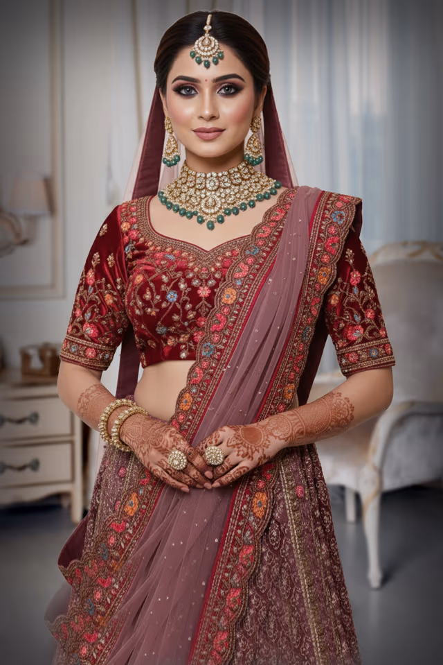 Velevted floral lehenga with a contrasting netted dupatta — rent in Bangalore