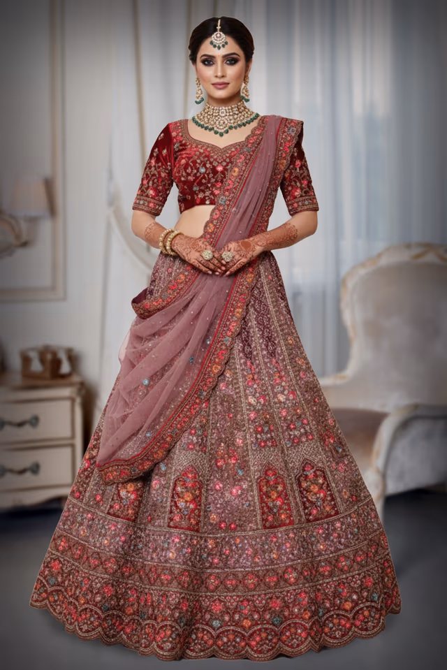 Velevted floral lehenga with a contrasting netted dupatta — back view, rent in Bangalore