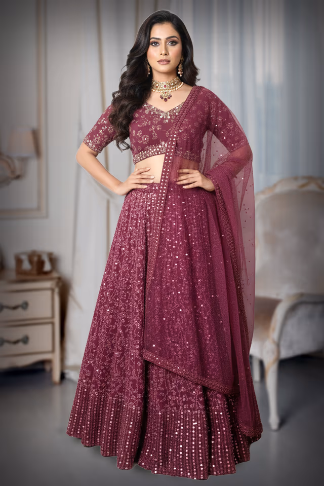 Vibrant Purple Sequined Lehenga Choli Set Featuring Intricate All Over Floral Work And… — back view, rent in Calicut