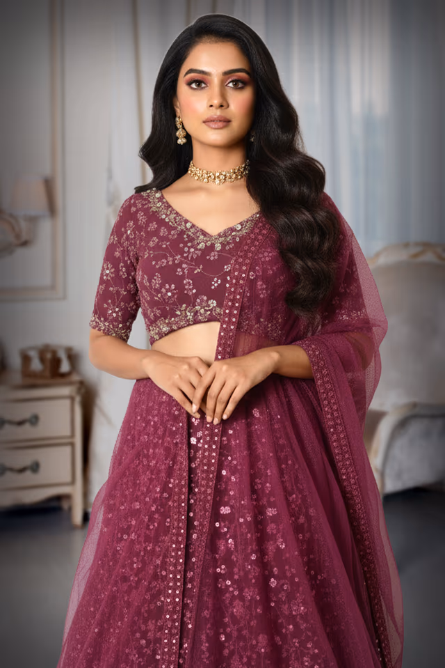 Vibrant Purple Sequined Lehenga Choli Set Featuring Intricate All Over Floral Work And Coordinating Sheer… — rent in Calicut