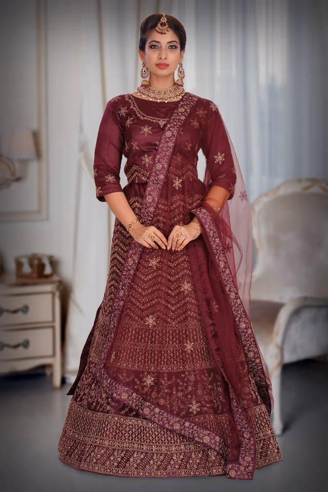 Wine Lehenga — back view, rent in Calicut