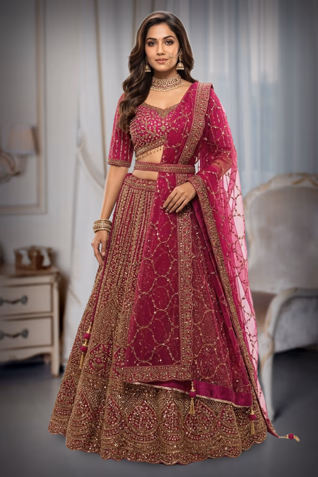 Elegant Wine Embroidered Lehenga Set — back view, rent in Coimbatore