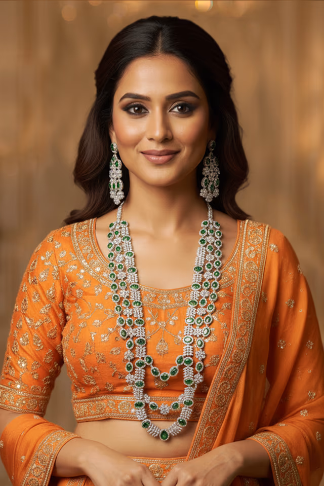 Adorable Green And White Stone Necklace Set Ideal For Festive Events. — rent in Coimbatore