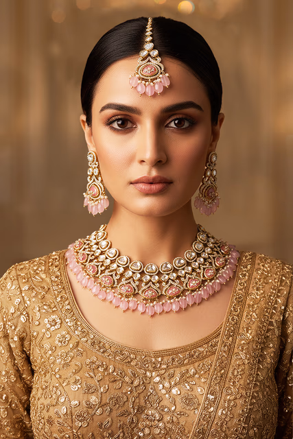 Adorn Yourself With This Exquisite Pink Stone Necklace Set Designed For Every Grand Royal CelebratioN — rent in Calicut