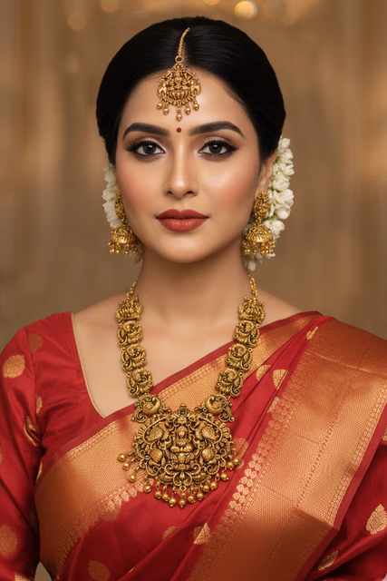 Antique Gold Finished Bridal Set Showcases Intricate Geometric Patterns Inset With Vibrant… — back view, rent in Bangalore