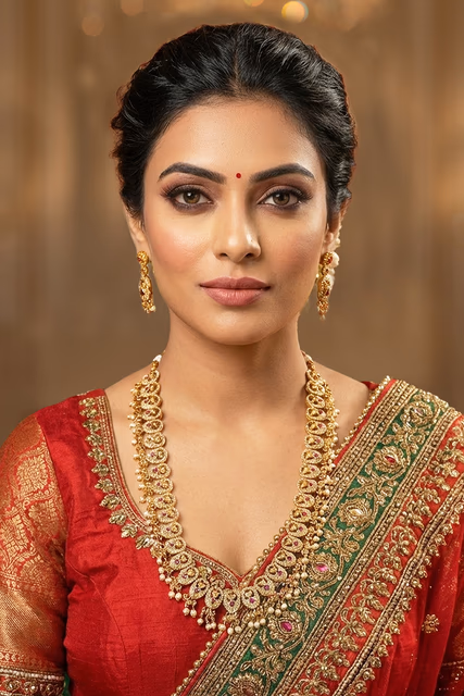 Antique Gold Finished Necklace Showcases Intricate Geometric Patterns Inset With Vibrant Ruby And Emerald… — rent in Calicut