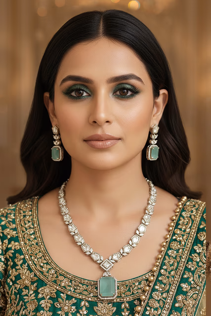 Aqua Polki Pendant Necklace Set — rent in Kochi