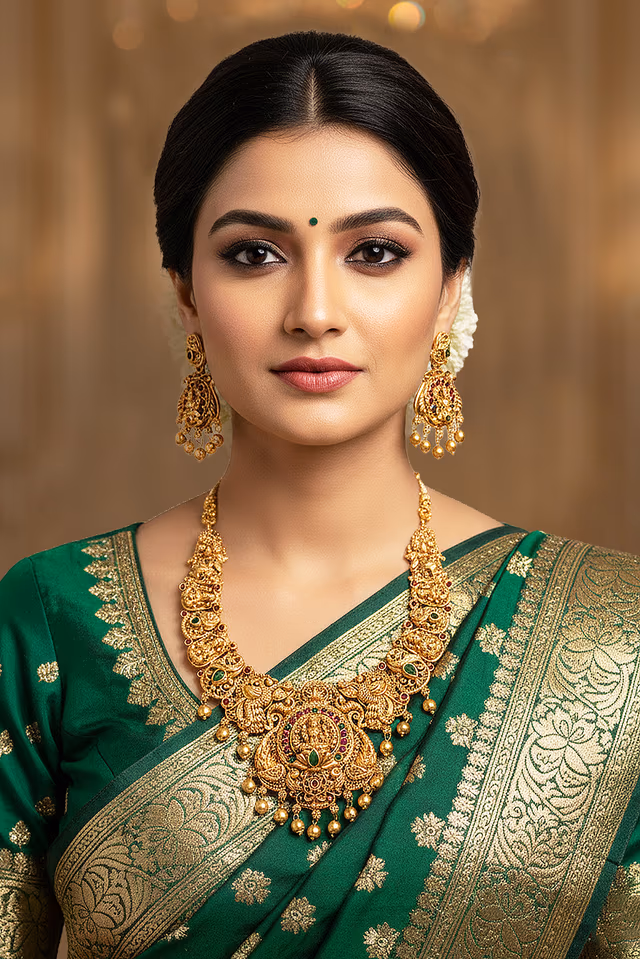 Authentic Temple Gold Necklace Jewelry Set Features Divine Motifs And Exquisite Craftsmanship… — back view, rent in Calicut