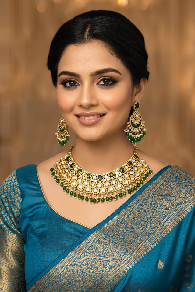 Beautifully Crafted Ethnic Jewelry With Sparkling White And Green Gemstones. — rent in Coimbatore