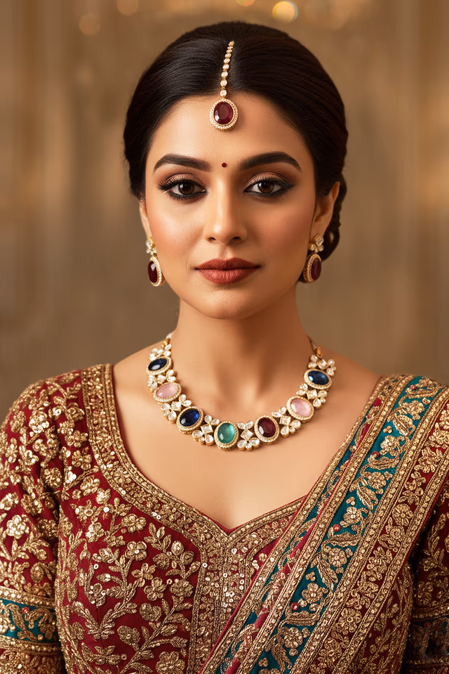 Beautifully Designed Wedding Necklace Featuring Cascading Drops Of Emerald Hued Stones And Brilliant… — rent in Calicut