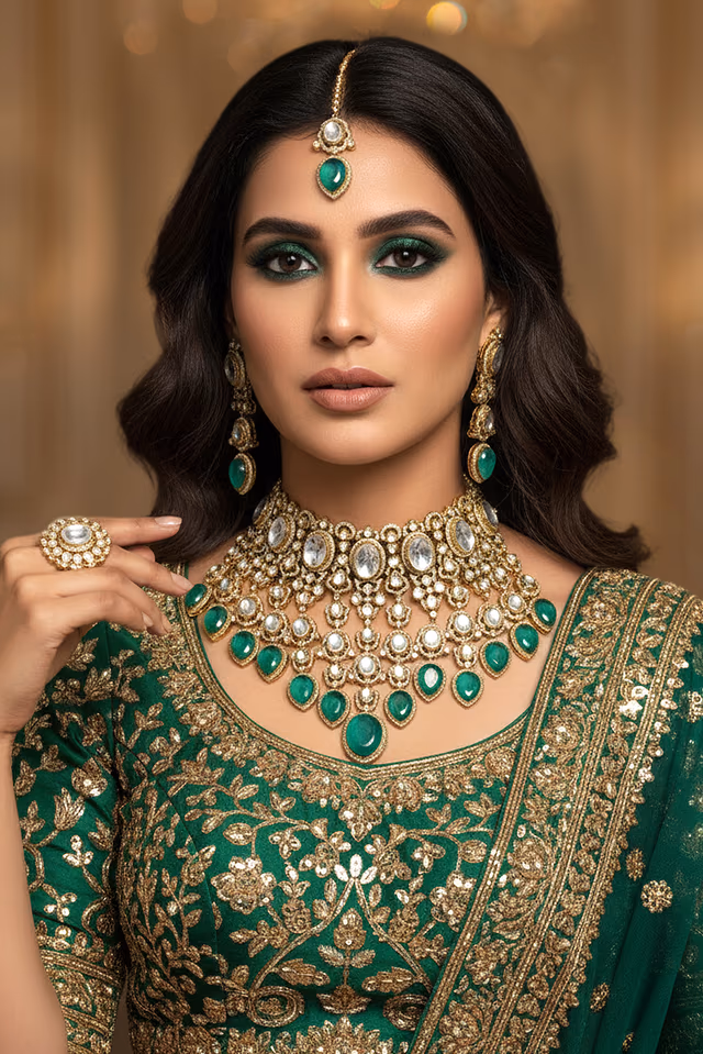 Beautifully Detailed Choker Style Necklace Boasting Vibrant Green Stones Set Against A Gold Toned Base… — rent in Calicut