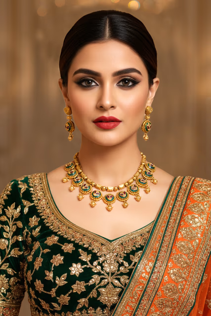 Elegant Bridal Choker Necklace Showcasing Detailed Antique Gold Finishing And Vibrant Multi Colored… — rent in Bangalore