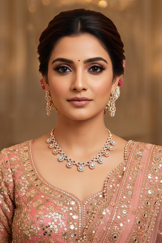 Stunning Bridal Necklace Features Dazzling Diamonds Set In Silver  And Rose Gold Bringing A Soft Modern… — rent in Calicut