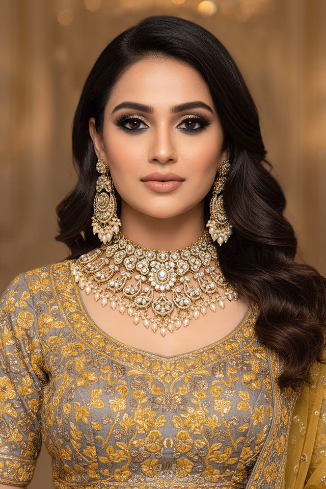 Heavy Bridal Necklace Showcases Brilliant White Stones Framed With Polki Craftsmanship Creating A… — rent in Calicut