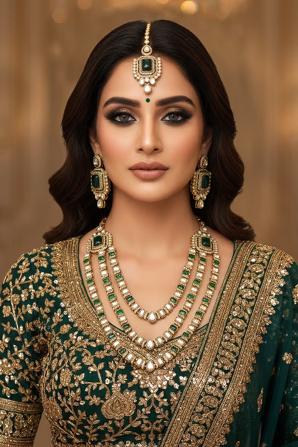 Stunning Bridal Wear Jewelry Set Showcasing Shimmering Diamante Accents And  Grass Green Gemstone Drops — rent in Bangalore