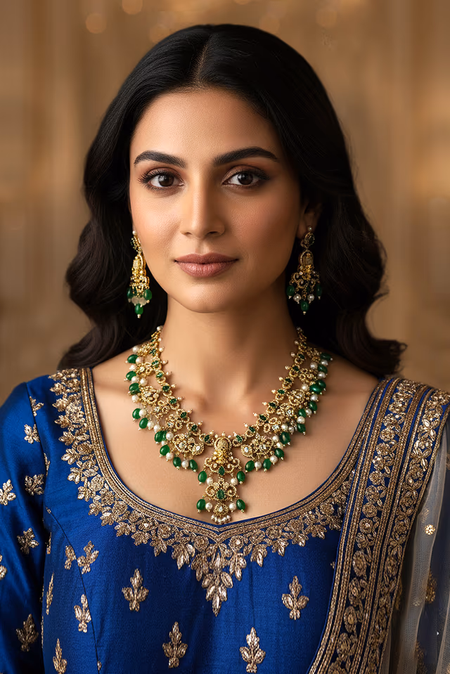 Elegant Necklace Design With Green Droplets For Contrast — rent in Coimbatore