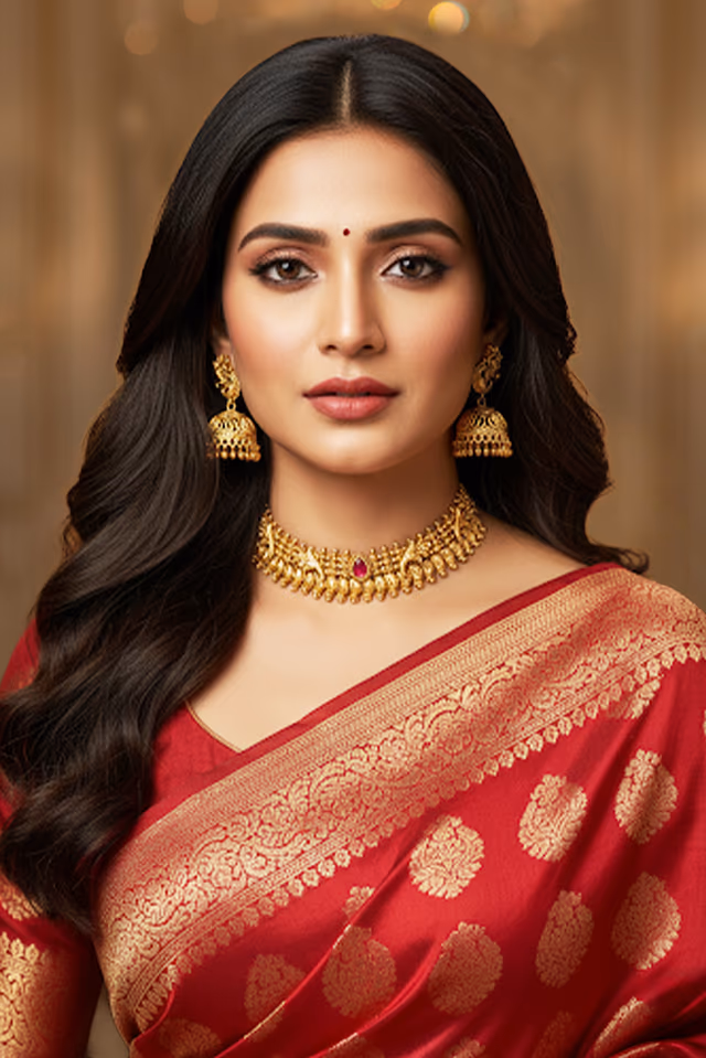 Detailed Gold Necklace With Rani Pink Stone Details Enhances Bridal Beauty Through Temple Inspired… — rent in Calicut