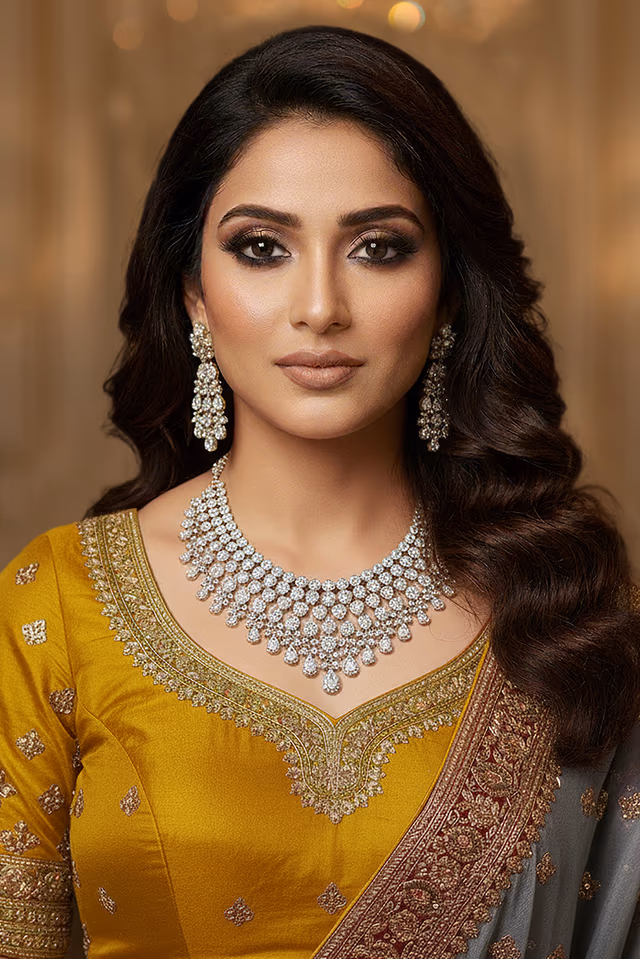 Stunning Diamond Necklace Crafted With Silver Elements Adds Soft Refinement And Modern Bridal Elegance — rent in Calicut