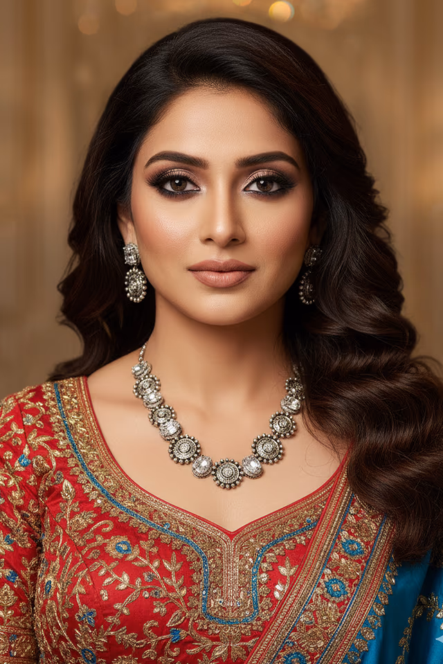 Elegant Diamond Necklace Enhances Wedding Attire With Delicate Silver Craftsmanship And Refined Sparkling… — rent in Calicut