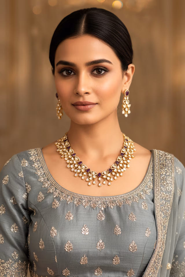Drop Shaped Blue Stones Are The Highlight Of This Necklace Giving It A Unique Flow And Movement — rent in Calicut