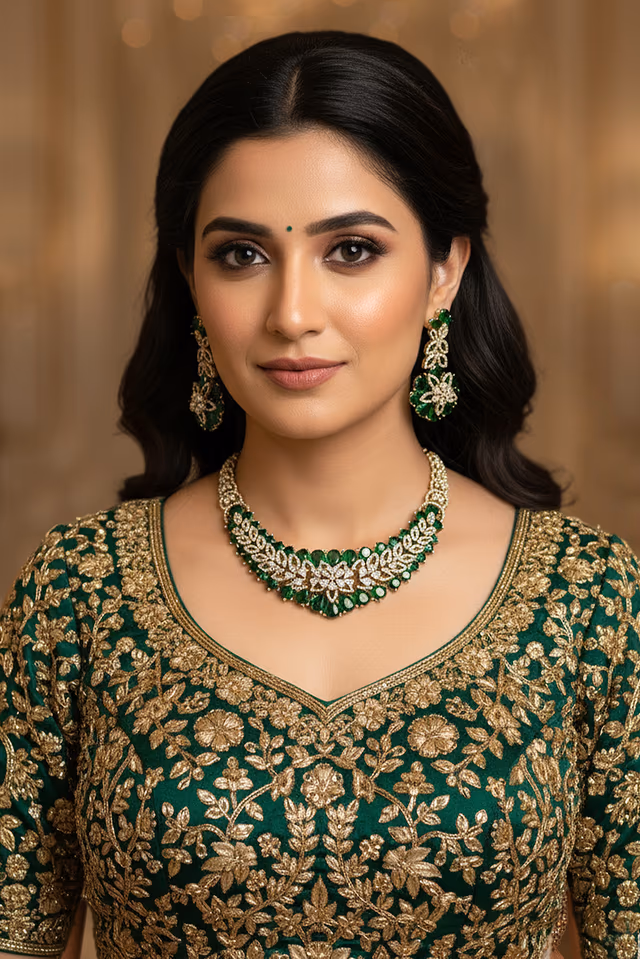 Emarald Green And White Stone Embellished Bridal Necklace — rent in Coimbatore