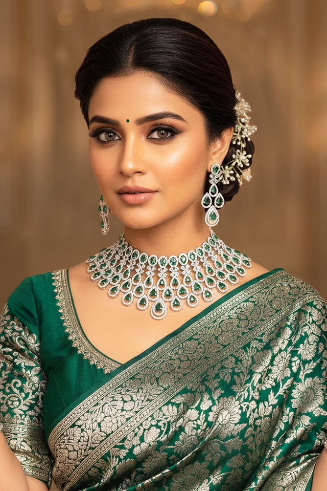 Emerald Cascade Diamond Choker Set — rent in Kochi