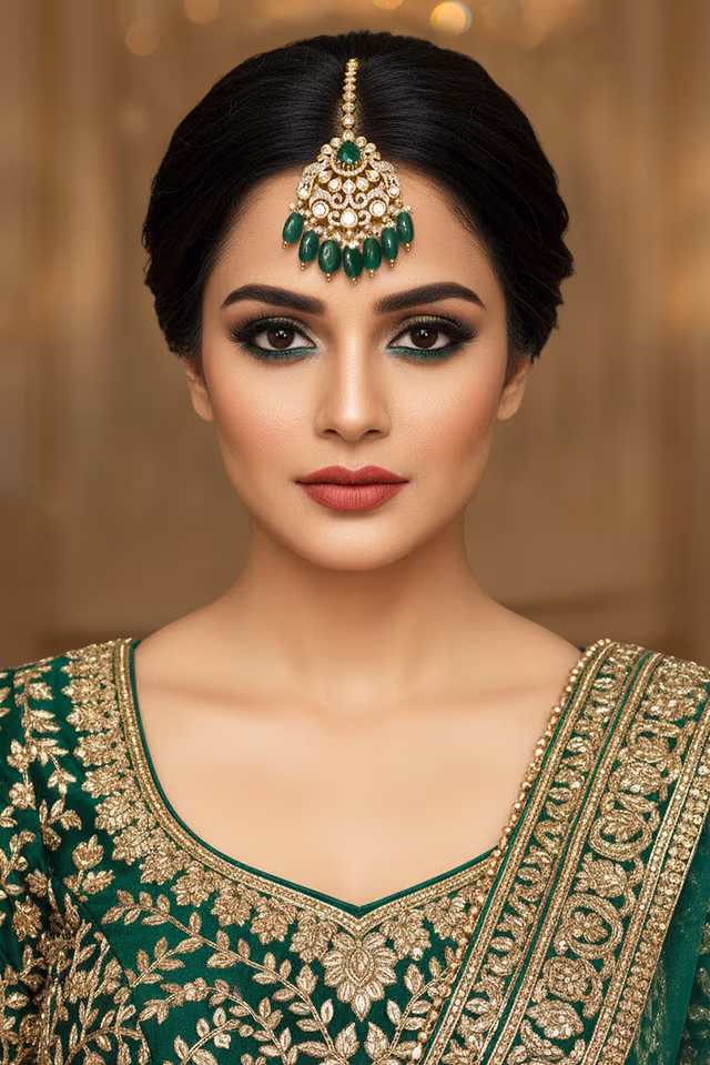 Emerald Green Kundan Maang Tikka with Pearl Drops — rent in Kochi