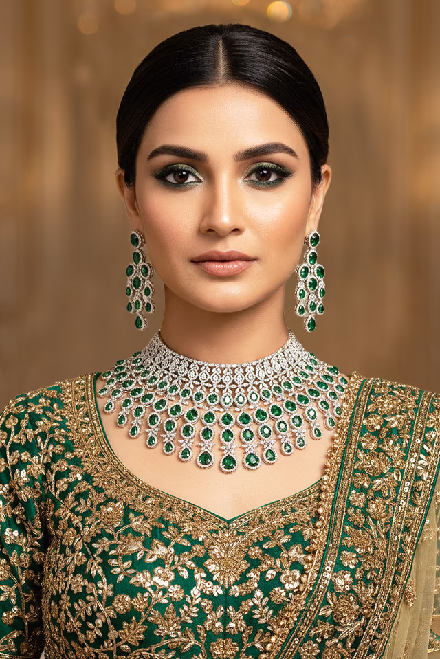 Emerald Green And White AD Diamond Necklace Reflects Light Beautifully — rent in Calicut