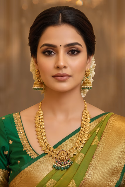 Emerald Lakshmi Temple Long Haar Necklace Set — rent in Kochi