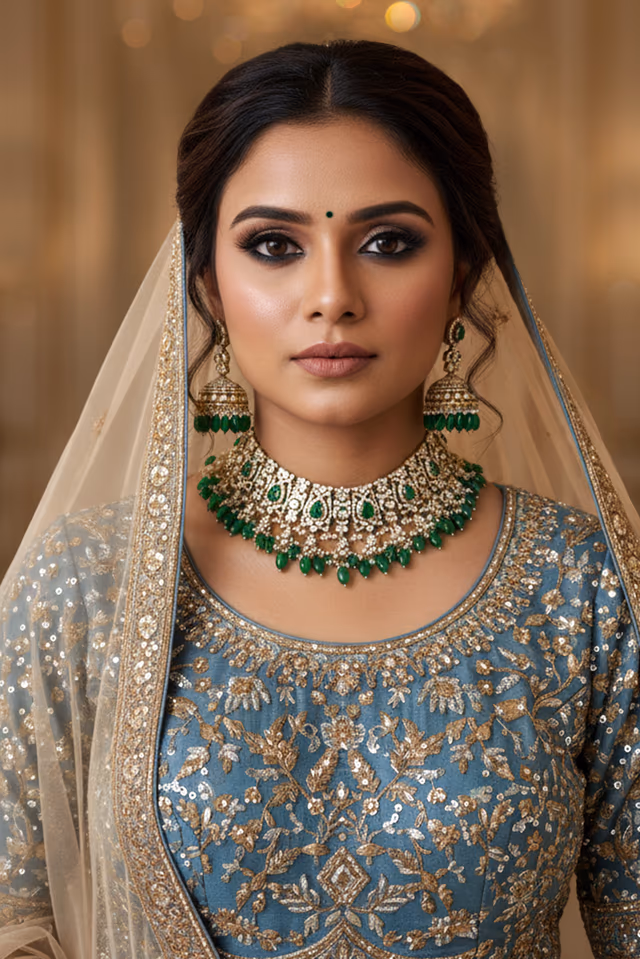 Emerald Majesty Kundan Bridal Necklace Set — rent in Edappally