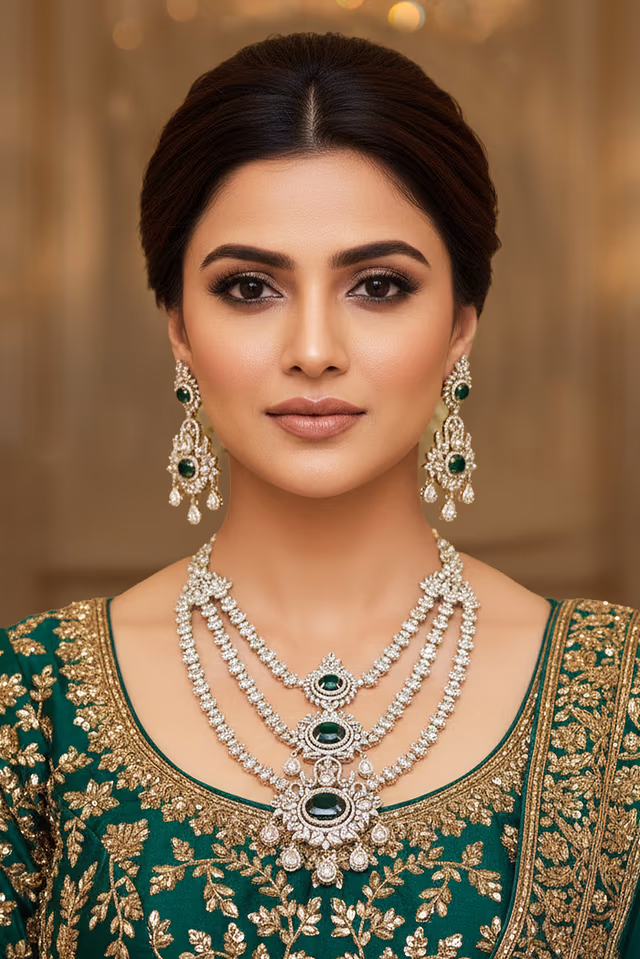 Emerald Majesty Triple Layer Haar Set — rent in Kochi