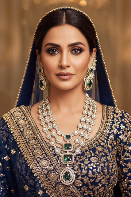 Emerald Polki Triple Layer Long Haar Set — rent in Kochi