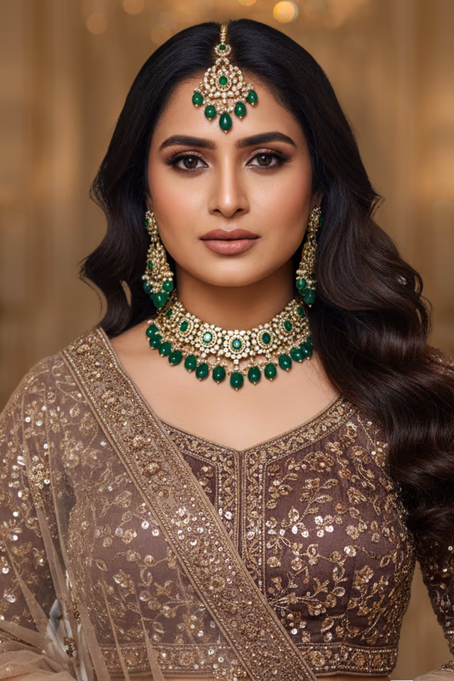 Emerald Radiance Kundan Bridal Jewellery Set — rent in Kochi