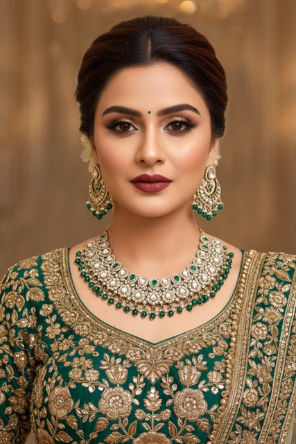 Emerald Royal Kundan Bridal Necklace Set — rent in Kochi