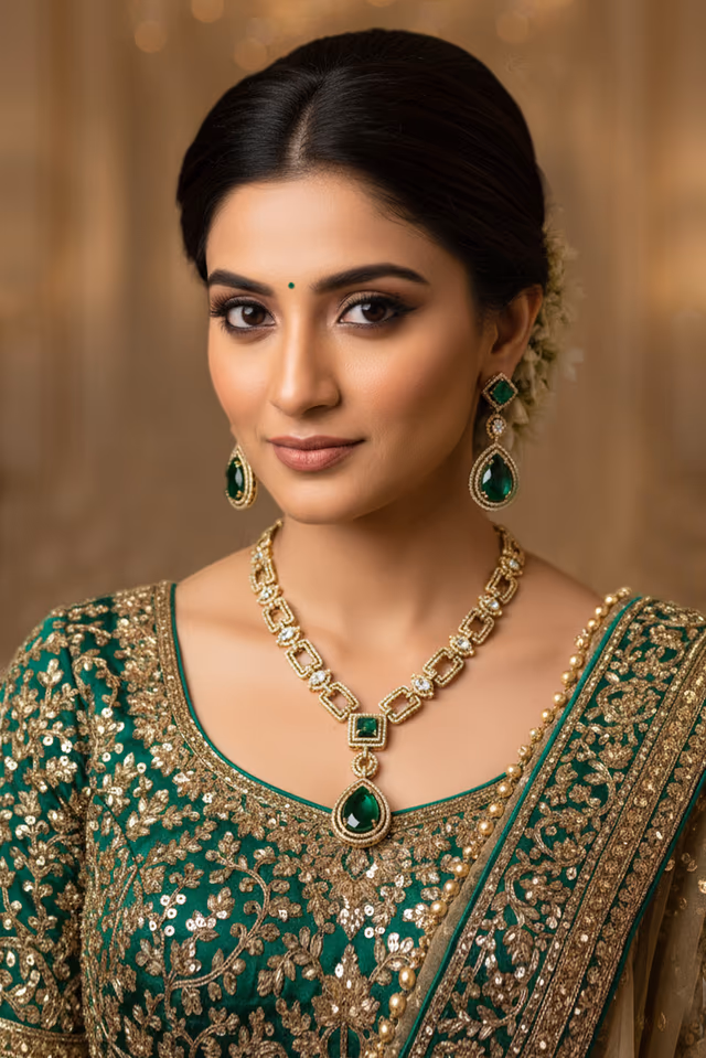 Emerald And White Stone Droplet  Stone Work Long Neck Set With Emarald Droplet Earrings — rent in Coimbatore