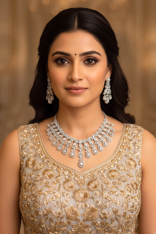 Exquisite AD Diamond Necklace Reflects Light Beautifully — rent in Calicut