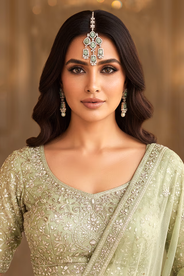 Exquisite Diamond Necklace Features Intricate Silver And Sea Green Work Offering Brides A… — back view, rent in Calicut