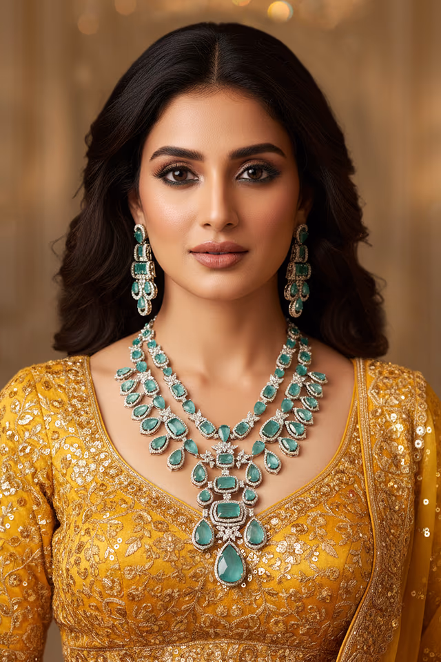 Exquisite Diamond Necklace Features Intricate Silver And Sea Green Work Offering Brides A Graceful And… — rent in Calicut