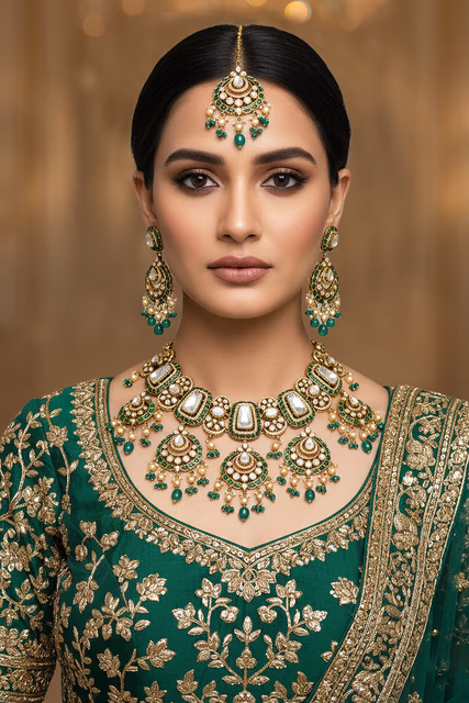 Exquisite Jewelry Set Features Deep Green Stones Surrounded By Intricate White Crystal Floral Patterns — rent in Calicut