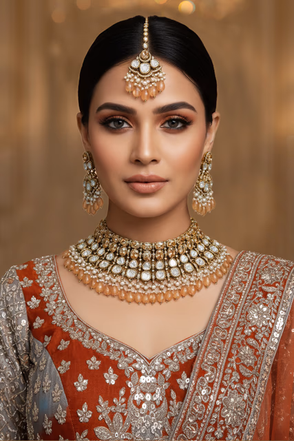 Exquisite Jewelry Set Features Orange Stones Surrounded By Intricate White Crystal Floral Patterns — rent in Bangalore