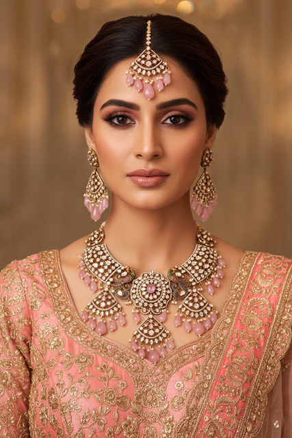 Exquisite Royal Heritage Design Necklace Showcasing Fine Craftsmanship With Rich Pink Colored Stones — rent in Bangalore