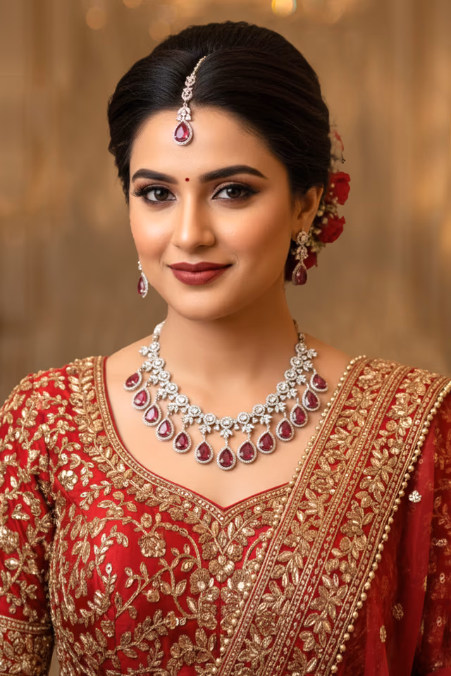 Fashionable Necklace Set Combining Ruby Pink With Brilliant Sparkle — rent in Coimbatore