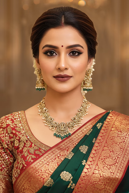Floral Emerald Temple Long Haar Necklace Set — rent in Kochi